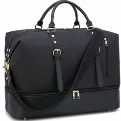 Canvas Overnight Bag Oversized Travel Duffel Leather For Men And Women Weekender Tote (Black-D)