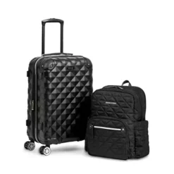 Kenneth Cole Reaction Diamond Tower Luggage Collection Lightweight Hardside Expandable 8-Wheel Spinner Travel Suitcase, Black, 2pc Bundle (Carry On+Backpack)