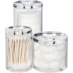 GROOVI BEAUTY Acrylic Triple Round Make Up Container (3 Connected Towers) - Compact Size, Great Storage Container For Cosmetics, Bathroom And Vanity Supplies - Qtips, Cotton Balls - 5.5"x5.9"x5.25"