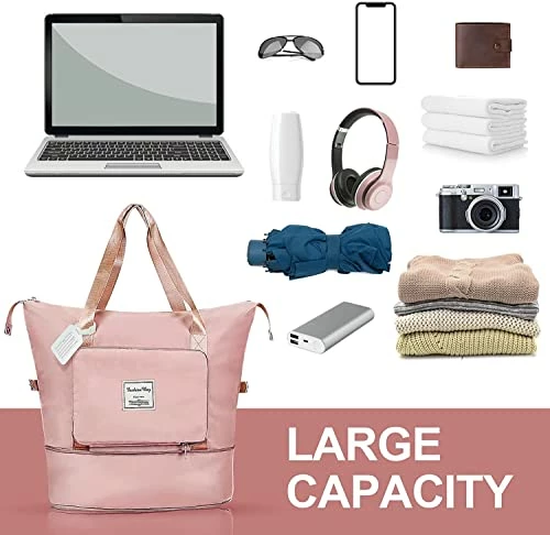 Large Capacity Folding Travel Bag, Travel Duffel Bag With Luggage Tag, Waterproof Lightweight Gym Bag With Wet And Dry Separation Bag, For Travel, Sports, Gym, Pink 8 Large Capacity Folding Travel Bag, Travel Duffel Bag With Luggage Tag, Waterproof Lightweight Gym Bag With Wet And Dry Separation Bag, For Travel, Sports, Gym, Pink - Image 8