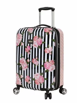 Betsey Johnson Designer 20 Inch Carry On - Expandable (ABS + PC) Hardside Luggage - Lightweight Durable Suitcase With 8-Rolling Spinner Wheels For Women (Stripe Roses)