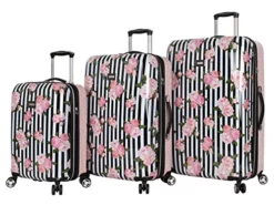Betsey Johnson Designer Luggage Collection - Expandable 3 Piece Hardside Lightweight Spinner Suitcase Set - Travel Set Includes 20-Inch Carry On, 26 Inch And 30-Inch Checked Suitcase (Stripe Roses)