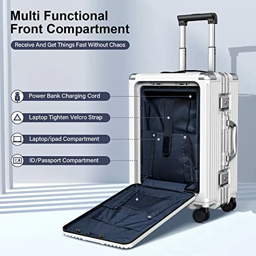 SOMODE Airline Approved Carry On Luggage With Spinner Wheels,Aluminum Framed Carry On Suitcase With Front Open Laptop Compartment/Pocket 22×14×9 Inch Large Checked-in Luggage(White) 2 SOMODE Airline Approved Carry On Luggage With Spinner Wheels,Aluminum Framed Carry On Suitcase With Front Open Laptop Compartment/Pocket 22×14×9 Inch Large Checked-in Luggage(White) - Image 2