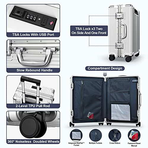SOMODE Airline Approved Carry On Luggage With Spinner Wheels,Aluminum Framed Carry On Suitcase With Front Open Laptop Compartment/Pocket 22×14×9 Inch Large Checked-in Luggage(White) 4 SOMODE Airline Approved Carry On Luggage With Spinner Wheels,Aluminum Framed Carry On Suitcase With Front Open Laptop Compartment/Pocket 22×14×9 Inch Large Checked-in Luggage(White) - Image 4