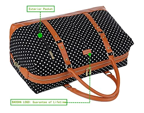 BAOSHA HB-14 Canvas Travel Tote Duffel Bag Carry On Weekender Overnight Bag Oversized For Women And Ladies (Black Dot) 3 BAOSHA HB-14 Canvas Travel Tote Duffel Bag Carry On Weekender Overnight Bag Oversized For Women And Ladies (Black Dot) - Image 3