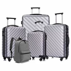 Apelila 5 Piece Luggage Sets,Travel Suitcase Spinner Hardshell Lightweight W/Free Suitcase Cover& Hanger (4PC Sliver W/Covers4+Hanger2+Backbag1)