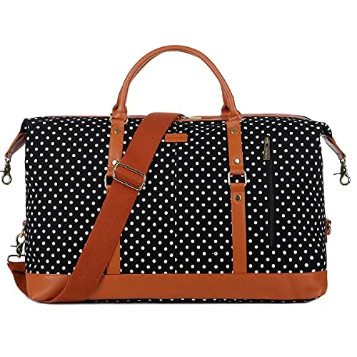 BAOSHA HB-14 Canvas Travel Tote Duffel Bag Carry On Weekender Overnight Bag Oversized For Women And Ladies (Black Dot) 2 BAOSHA HB-14 Canvas Travel Tote Duffel Bag Carry On Weekender Overnight Bag Oversized For Women And Ladies (Black Dot) - Image 2