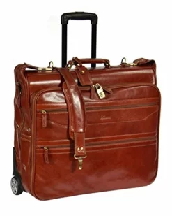 Real Leather Suit Garment Dress Carrier Travel Weekend Bag On Wheels A1236 Cognac