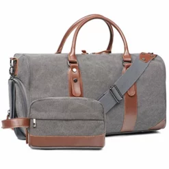Oflamn Large Duffle Bag Canvas Leather Weekender Overnight Travel Carry On Tote Bag With Shoe Compartment And Toiletry Bag (Grey)
