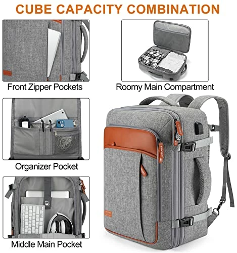 Carry On Backpack, Extra Large 40L Flight Approved Travel Backpack For Men & Women,Expandable Large Suitcase Backpacks With 4 Packing Cubes,Water Resistant Luggage Daypack Business Weekender Bag,Grey 4 Carry On Backpack, Extra Large 40L Flight Approved Travel Backpack For Men & Women,Expandable Large Suitcase Backpacks With 4 Packing Cubes,Water Resistant Luggage Daypack Business Weekender Bag,Grey - Image 4