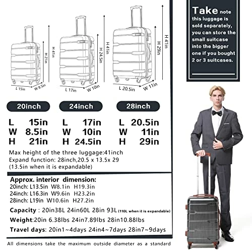 Coolife Luggage Expandable(only 28") Suitcase PC+ABS Spinner Built-In TSA Lock 20in 24in 28in Carry On (white, S(20in_carry On)) 2 Coolife Luggage Expandable(only 28") Suitcase PC+ABS Spinner Built-In TSA Lock 20in 24in 28in Carry On (white, S(20in_carry On)) - Image 2