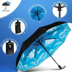 Rain-Mate Compact Travel Umbrella - Pocket Portable Folding Windproof Mini Umbrella - Auto Open And Close Button And 9 Rib Reinforced Canopy (Blue Sky) -TRAVELPRO Sales 51VG2vvN0NL