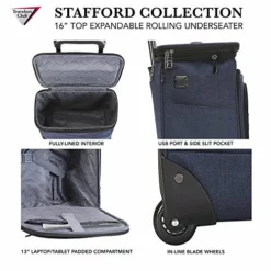 Travelers Club Luggage 16" Top Expandable Rolling Underseater W/USB Port, Blue Suitcase, Carry-On, Navy -TRAVELPRO Sales 51rs970sFeL