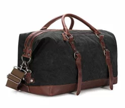 BAOSHA Oversized Canvas PU Leather Travel Tote Duffel Bag Weekender Overnight Bag (Black)