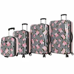 Betsey Johnson 4 Piece Designer Luggage - Expandable (ABS+PC) Hardside Lightweight Spinner Suitcases - Set Includes 15 Inch Underseat Bag, 20 Inch Carry On, 26 & 30 Inch Checked Bags (Stripe Roses)