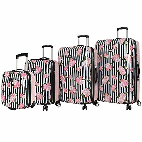 Betsey Johnson 4 Piece Designer Luggage - Expandable (ABS+PC) Hardside Lightweight Spinner Suitcases - Set Includes 15 Inch Underseat Bag, 20 Inch Carry On, 26 & 30 Inch Checked Bags (Stripe Roses) 1 Betsey Johnson 4 Piece Designer Luggage - Expandable (ABS+PC) Hardside Lightweight Spinner Suitcases - Set Includes 15 Inch Underseat Bag, 20 Inch Carry On, 26 & 30 Inch Checked Bags (Stripe Roses)