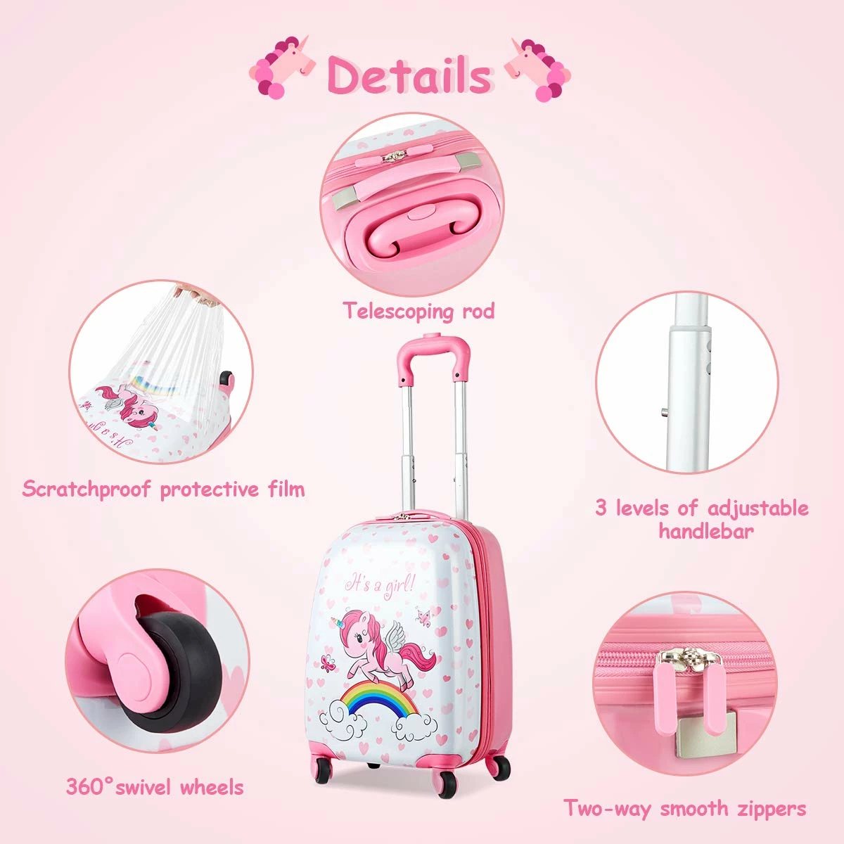 HONEY JOY 2Pc Kids Luggage Set, 12'' Backpack & 16'' Rolling Suitcase, Hard Shell Trolley Suitcase With Spinner Wheels, Carry On Luggage Set For Boys And Girls Travel (Unicorn) 5 HONEY JOY 2Pc Kids Luggage Set, 12'' Backpack & 16'' Rolling Suitcase, Hard Shell Trolley Suitcase With Spinner Wheels, Carry On Luggage Set For Boys And Girls Travel (Unicorn) - Image 5