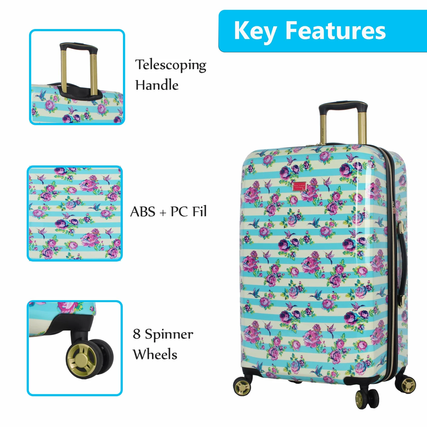Betsey Johnson 26 Inch Checked Luggage Collection - Expandable Scratch Resistant (ABS + PC) Hardside Suitcase - Designer Lightweight Bag With 8-Rolling Spinner Wheels (Stripe Floral Hummingbird) 7 Betsey Johnson 26 Inch Checked Luggage Collection - Expandable Scratch Resistant (ABS + PC) Hardside Suitcase - Designer Lightweight Bag With 8-Rolling Spinner Wheels (Stripe Floral Hummingbird) - Image 7