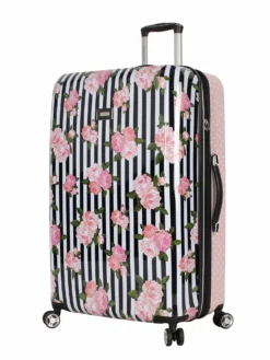 Betsey Johnson 30 Inch Checked Luggage Collection - Expandable Scratch Resistant (ABS + PC) Hardside Suitcase - Designer Lightweight Bag With 8-Rolling Spinner Wheels (Stripe Roses)