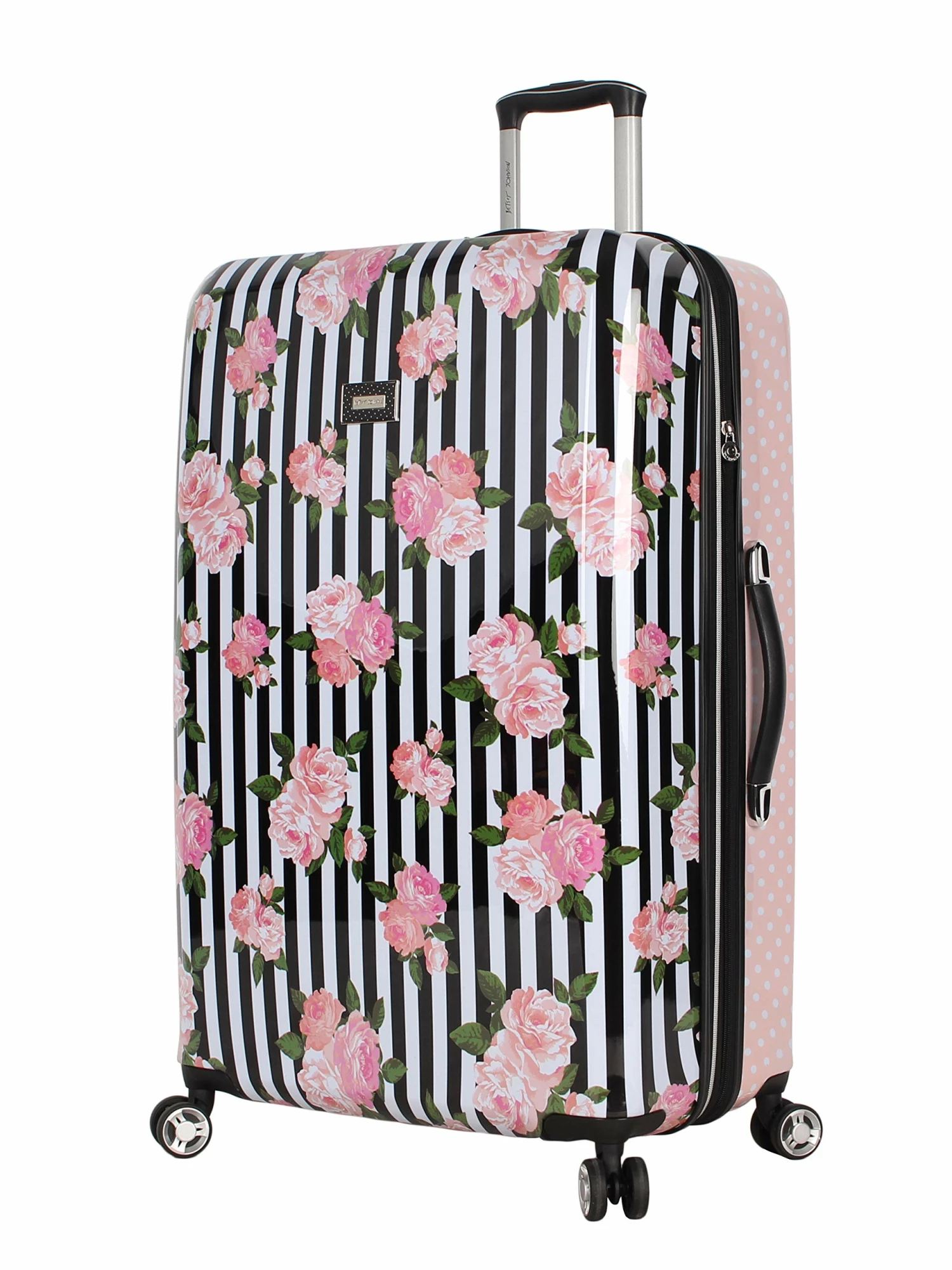Betsey Johnson 30 Inch Checked Luggage Collection - Expandable Scratch Resistant (ABS + PC) Hardside Suitcase - Designer Lightweight Bag With 8-Rolling Spinner Wheels (Stripe Roses) 1 Betsey Johnson 30 Inch Checked Luggage Collection - Expandable Scratch Resistant (ABS + PC) Hardside Suitcase - Designer Lightweight Bag With 8-Rolling Spinner Wheels (Stripe Roses)
