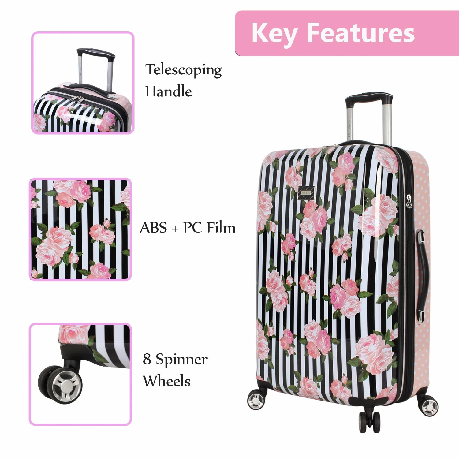 Betsey Johnson 30 Inch Checked Luggage Collection - Expandable Scratch Resistant (ABS + PC) Hardside Suitcase - Designer Lightweight Bag With 8-Rolling Spinner Wheels (Stripe Roses) 7 Betsey Johnson 30 Inch Checked Luggage Collection - Expandable Scratch Resistant (ABS + PC) Hardside Suitcase - Designer Lightweight Bag With 8-Rolling Spinner Wheels (Stripe Roses) - Image 7